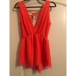 Neon Pink/Orange Deep V Romper with pockets